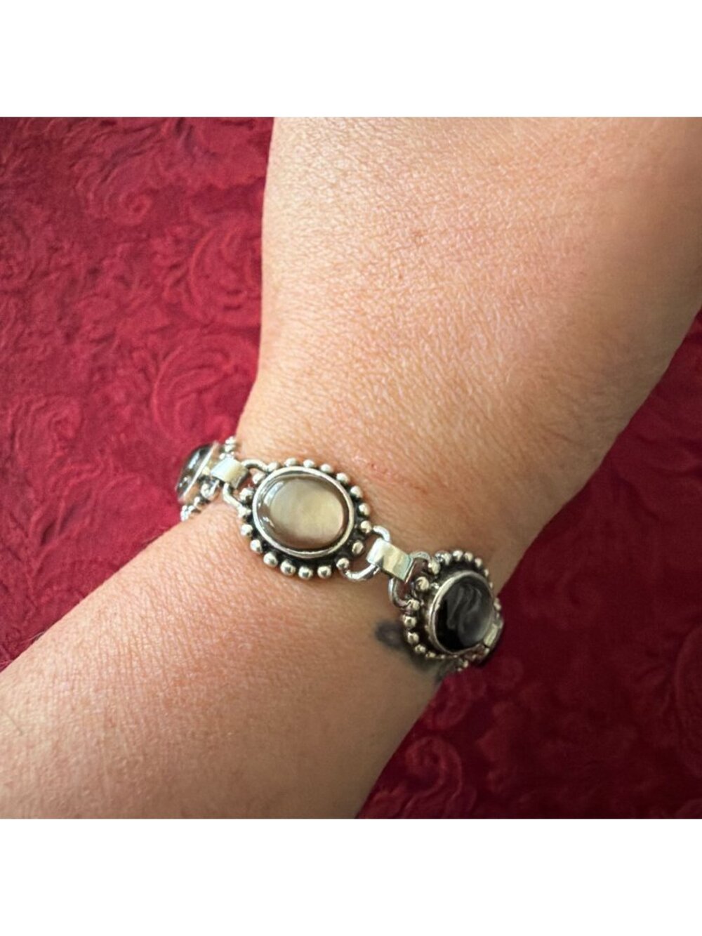 Vintage 925 Sterling Silver Black Grey Chatoyant Cats Eye Link Bracelet Boho